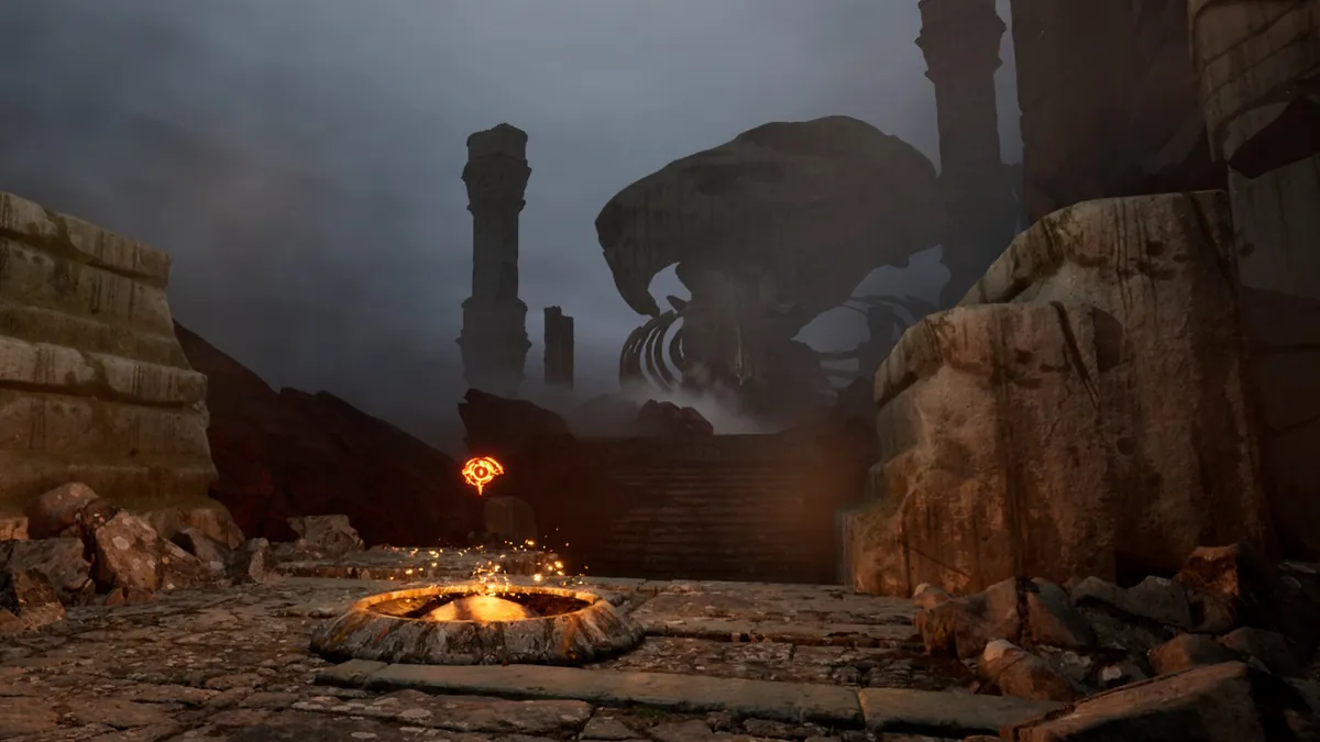 Ruinas de piedra con una hoguera