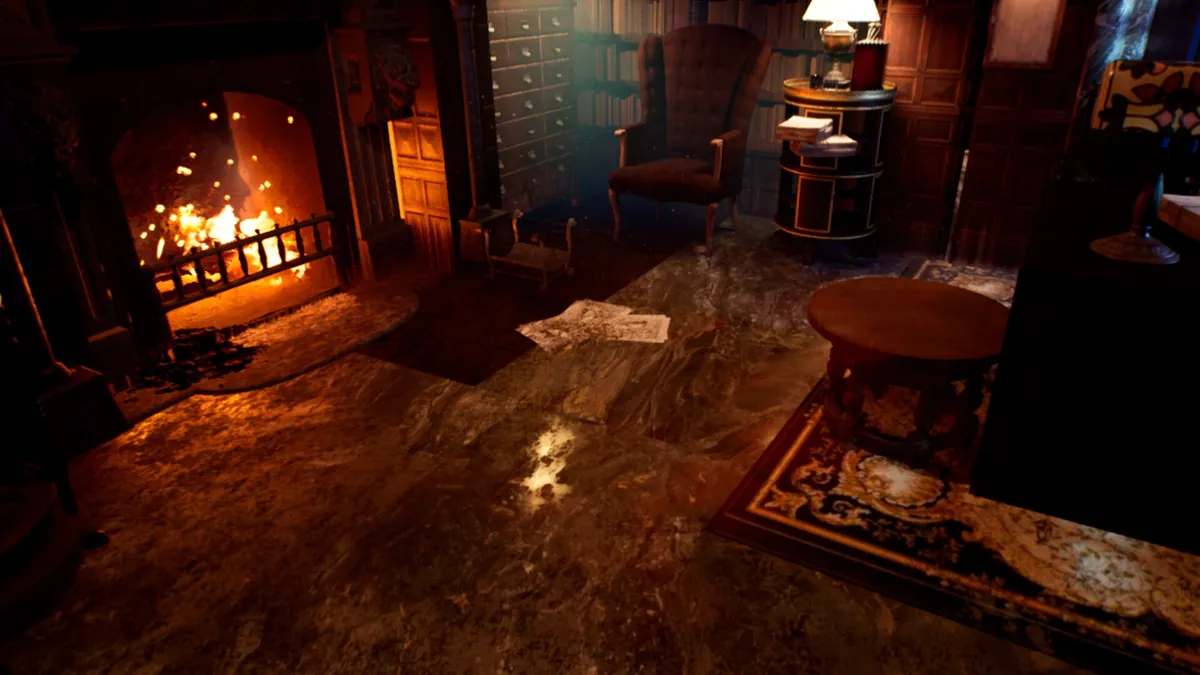 Salón con chimenea encendida y suelo de madera