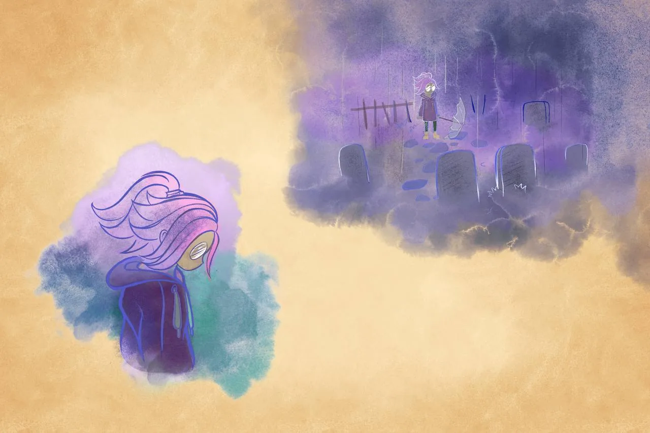 Ilustración en acuarela de Ace y un recuerdo del cementerio