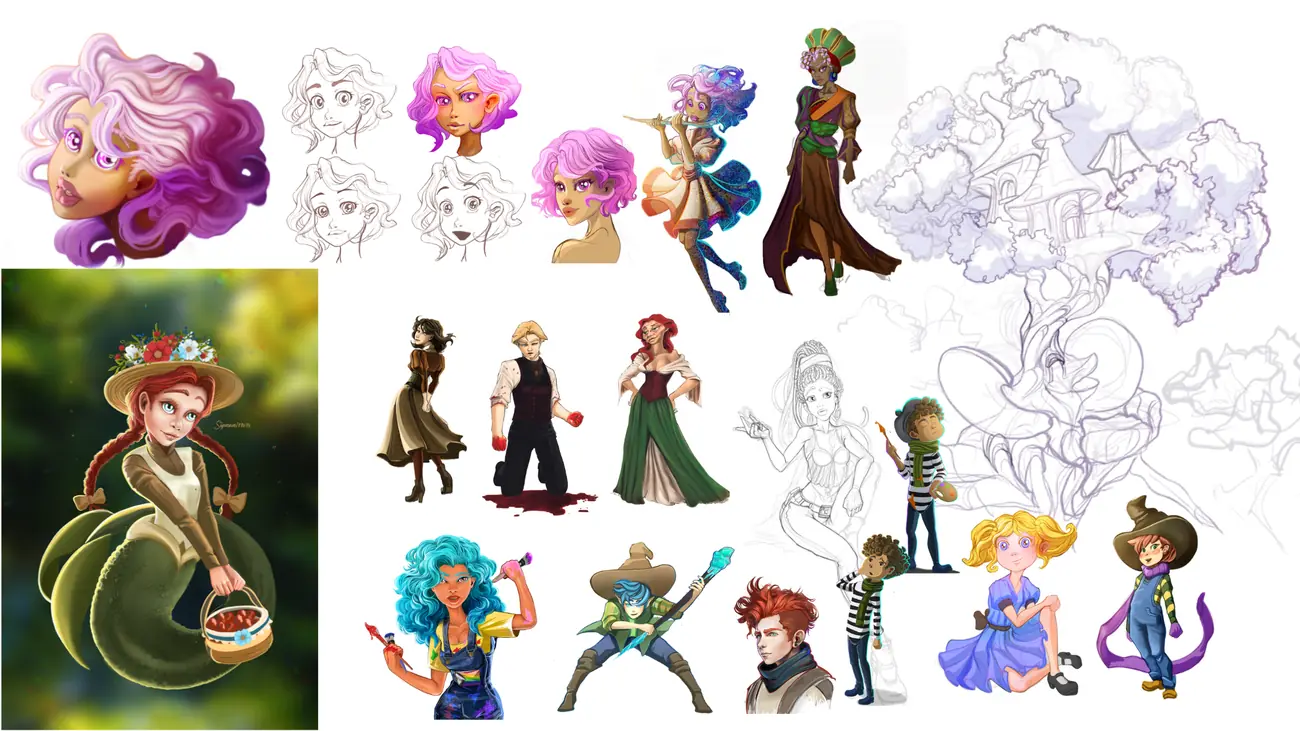Hoja con decenas de diseños de personajes