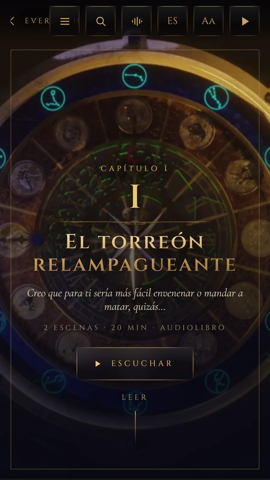 Portada del capítulo I, El torreón relampagueante, con botón Escuchar