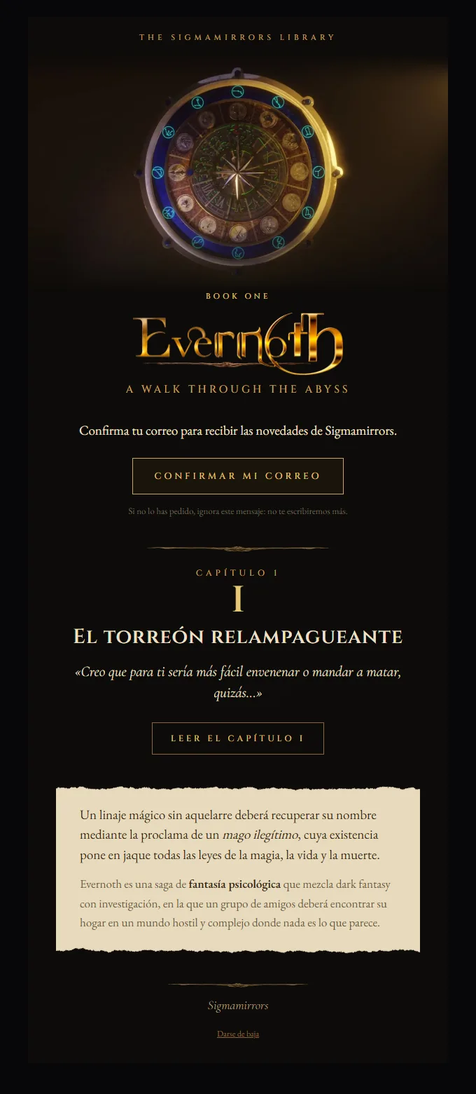 Correo de confirmación con el reloj, el logo de Evernoth y el primer capítulo