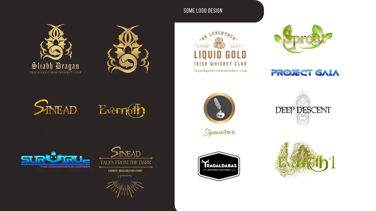Selección de logotipos: Slabb Dragon, Liquid Gold, Sinead, Evernoth, Survirus, Project Gaia, Deep Descent