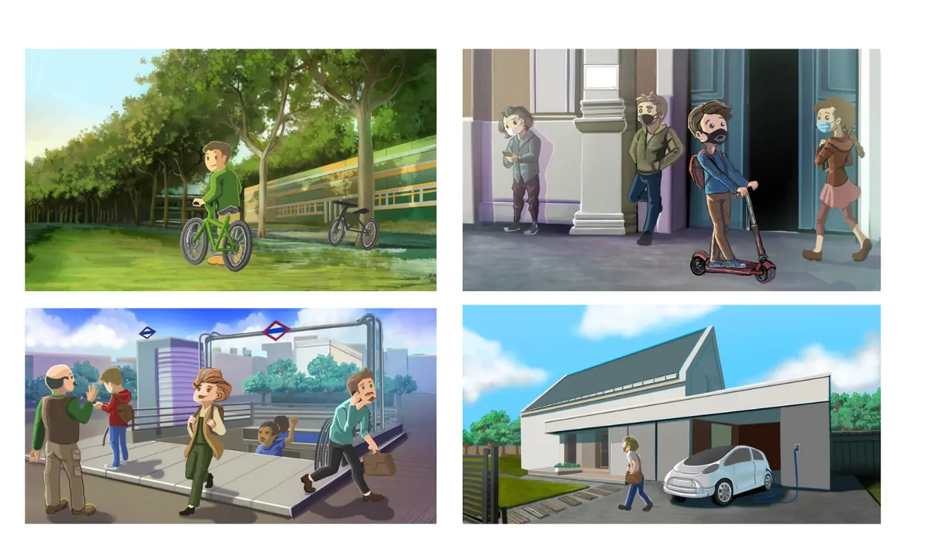 Cuatro escenas ilustradas del campus: bicis, patinetes, una parada y un edificio